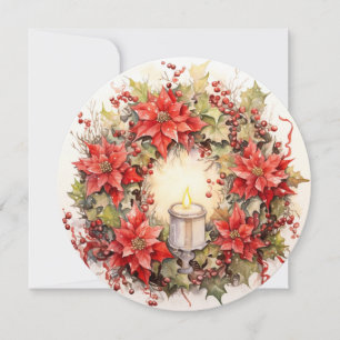 Watercolor poinsettia Christmas wreath Card