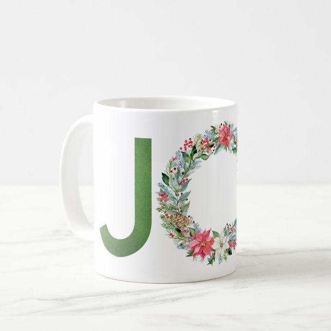 Watercolor Poinsettia Christmas Wreath Joy Coffee Mug (Front Left)