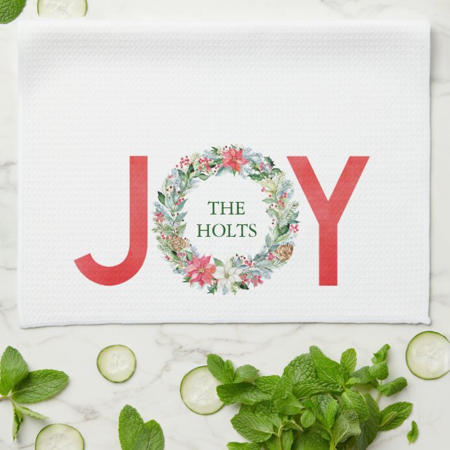 Watercolor Poinsettia Christmas Wreath Joy Tea Towel (Folded)