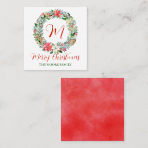 Watercolor Poinsettia Christmas Wreath Monogram Card
