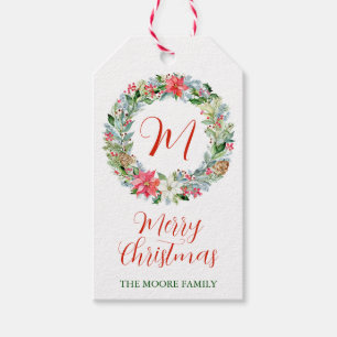 Watercolor Poinsettia Christmas Wreath Monogram Gift Tags