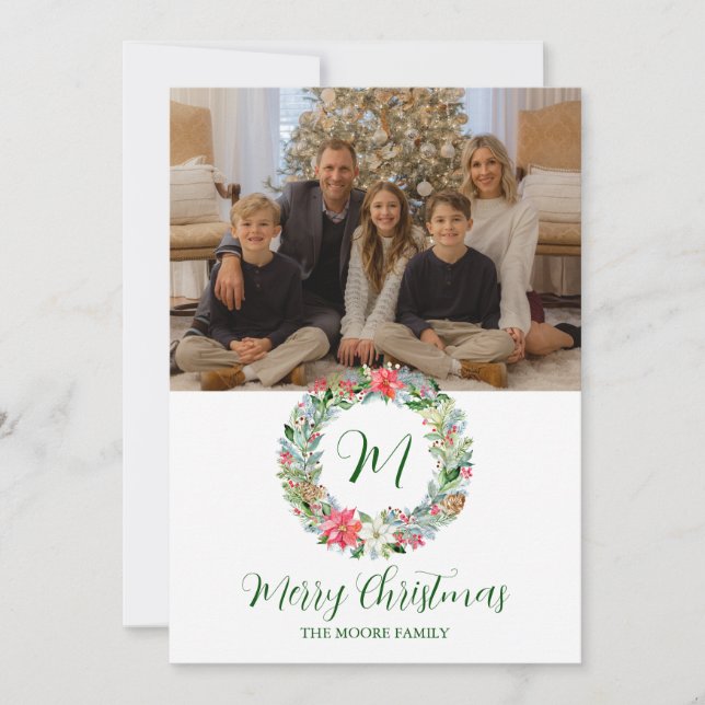 Watercolor Poinsettia Christmas Wreath Monogram  Holiday Card (Front)