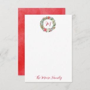 Watercolor Poinsettia Christmas Wreath Monogram Thank You Card