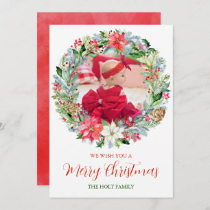Watercolor Poinsettia Christmas Wreath Photo Cards