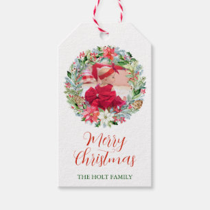 Watercolor Poinsettia Christmas Wreath Photo Gift Tags