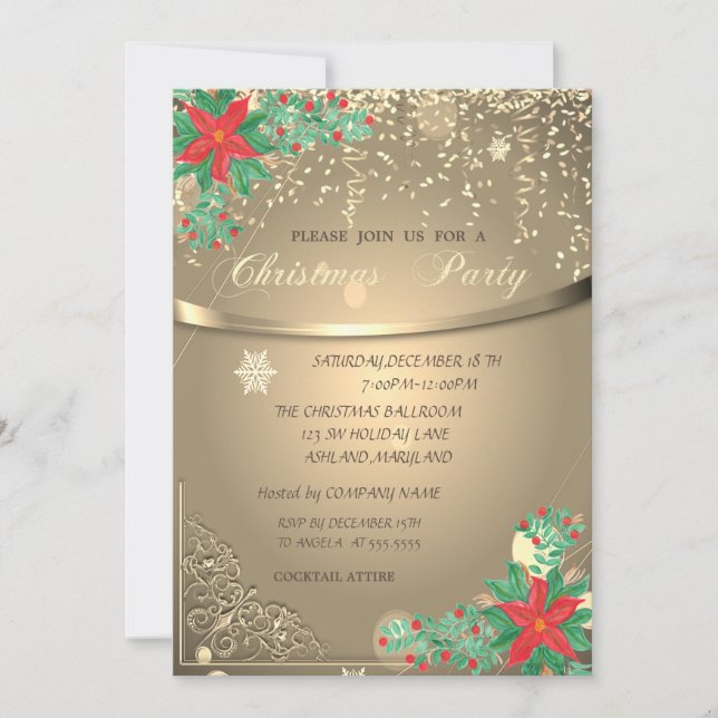 Watercolor Poinsettia,Confetti Company Christmas  Invitation (Front)