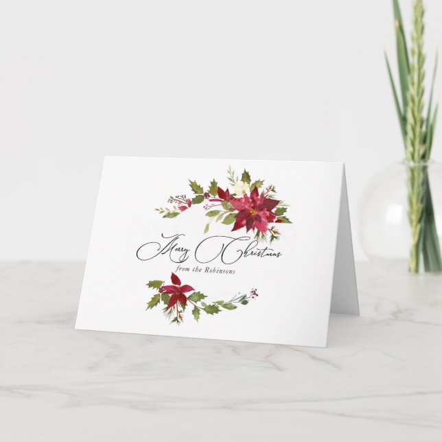 Watercolor Poinsettia Family Christmas photo Card (Front)