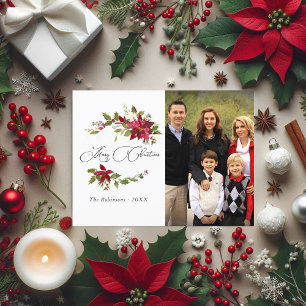 Watercolor Poinsettia Family Christmas photo Holiday Postcard