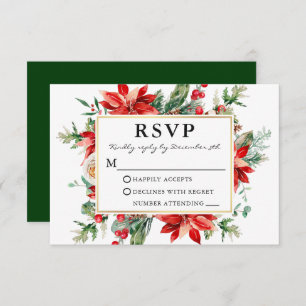 Watercolor Poinsettia Floral Green Wedding RSVP