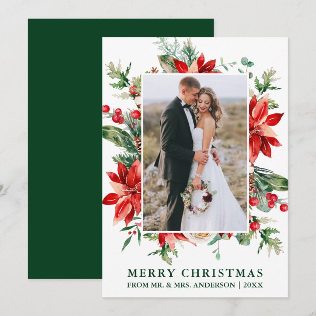 Watercolor Poinsettia Floral Newlywed Green Holiday Card (Front/Back)