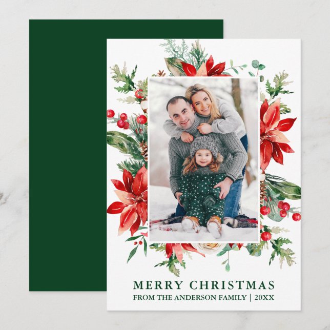 Watercolor Poinsettia Floral Photo Christmas Green Holiday Card (Front/Back)