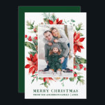 Watercolor Poinsettia Floral Photo Christmas Green Holiday Card<br><div class="desc">Elegant Watercolor Poinsettia Floral Greenery Merry Christmas Family Photo Holiday Card includes red poinsettias,  eucalyptus leaves,  pine cones,  green pine needles,  cotton,  holly berries and other beautiful winter botanical greenery. Green Back.</div>