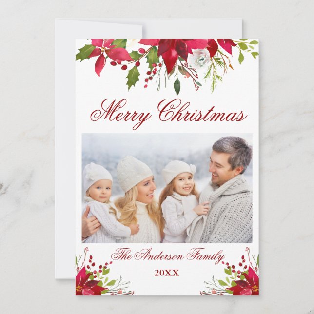 Watercolor Poinsettia Floral Photo Christmas Holiday Card (Front)