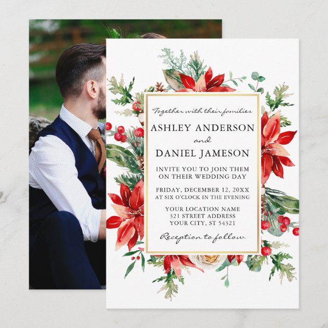 Watercolor Poinsettia Floral Photo Wedding Invitation (Front/Back)