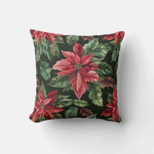  Watercolor Poinsettia flower Christmas  Cushion (Front)