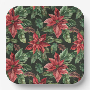  Watercolor Poinsettia flower Christmas  Paper Plate
