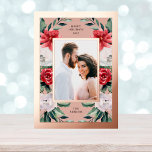 Watercolor Poinsettia Flowers with Photo and Gold Foil Holiday Postcard<br><div class="desc">These stunning holiday postcards say "Happy Holidays" and feature a light reddish pink background in a rose gold foil frame,  with elegant watercolor holiday florals. Pretty red poinsettia flowers and white flowers appear with botanical greenery for a modern update to traditional holiday style.</div>
