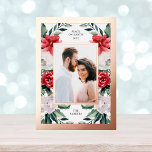 Watercolor Poinsettia Flowers with Photo and Gold Foil Holiday Postcard<br><div class="desc">These stunning holiday postcards say "Peace on Earth" and feature a simple white background in a rose gold foil frame,  with elegant watercolor holiday florals. Pretty red poinsettia flowers and white flowers appear with botanical greenery for a modern update to traditional holiday style.</div>
