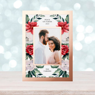 Watercolor Poinsettia Flowers with Photo and Gold Foil Holiday Postcard