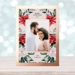 Watercolor Poinsettia Flowers with Photo and Gold Foil Holiday Postcard<br><div class="desc">These stunning holiday postcards say "Merry Christmas" and feature a subtle neutral blush background in a rose gold foil frame,  with elegant watercolor holiday florals. Pretty red poinsettia flowers and white flowers appear with botanical greenery for a modern update to traditional holiday style.</div>