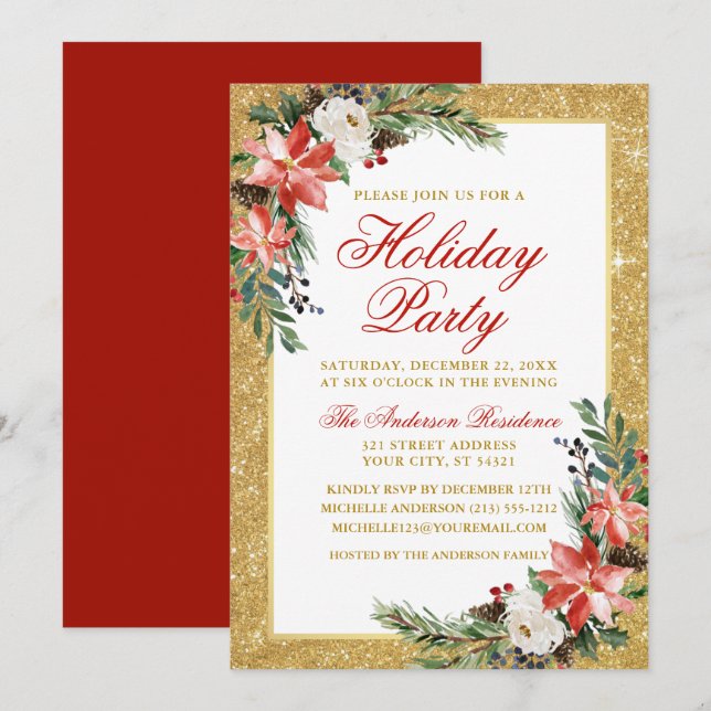 Watercolor Poinsettia Glitter Holiday Party Red Invitation (Front/Back)