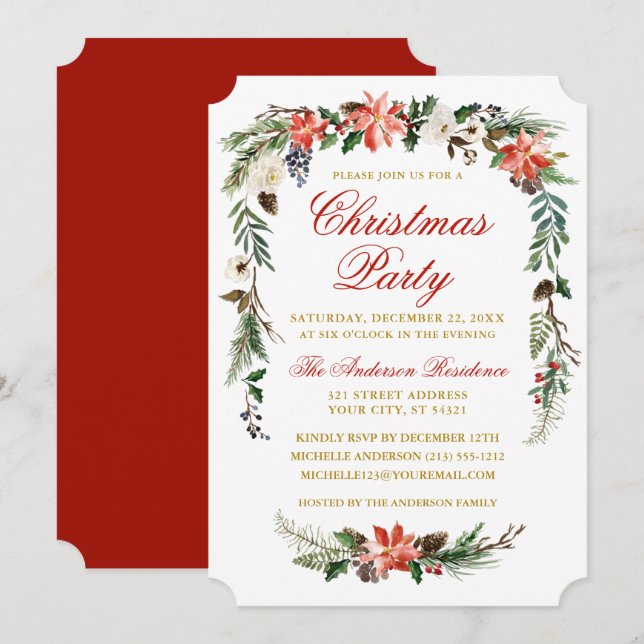 Watercolor Poinsettia Gold Red Christmas Party Invitation (Front/Back)