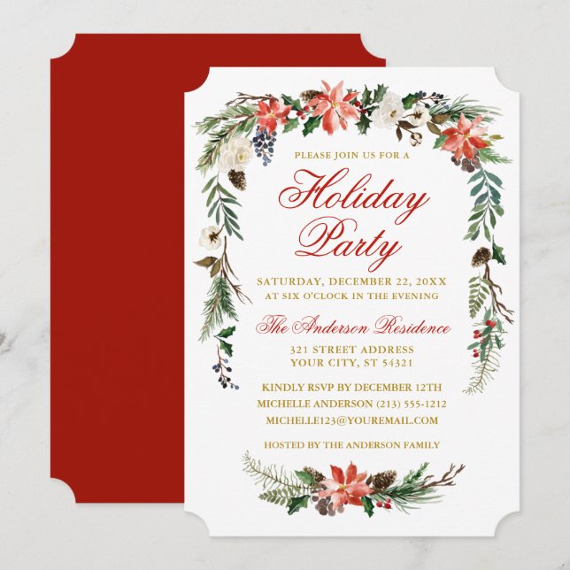 Watercolor Poinsettia Gold Red Holiday Party Invitation (Front/Back)