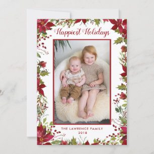 Watercolor Poinsettia Happiest Christmas Photo Holiday Card