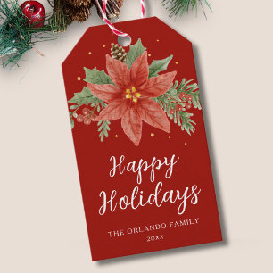 Watercolor Poinsettia Happy Holidays Christmas Red Gift Tags