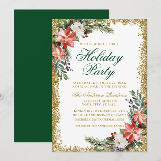 Watercolor Poinsettia Holiday Party Glitter Invitation (Front/Back)