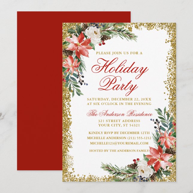 Watercolor Poinsettia Holiday Party Glitter Red Invitation (Front/Back)