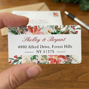 Watercolor Poinsettia Holly Berry Ivory Floral Label