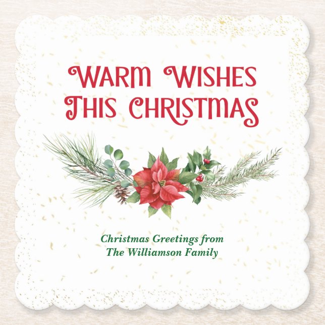 Watercolor Poinsettia Holly Bouquet Christmas Paper Coaster (Front)