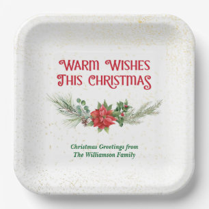 Watercolor Poinsettia Holly Bouquet Christmas Paper Plate