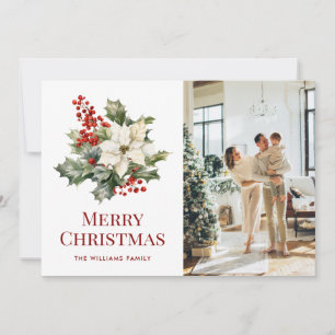 Watercolor Poinsettia Holly Photo Christmas Card