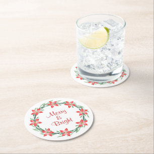 Watercolor Poinsettia Leaves Wreath  Round Paper Coaster