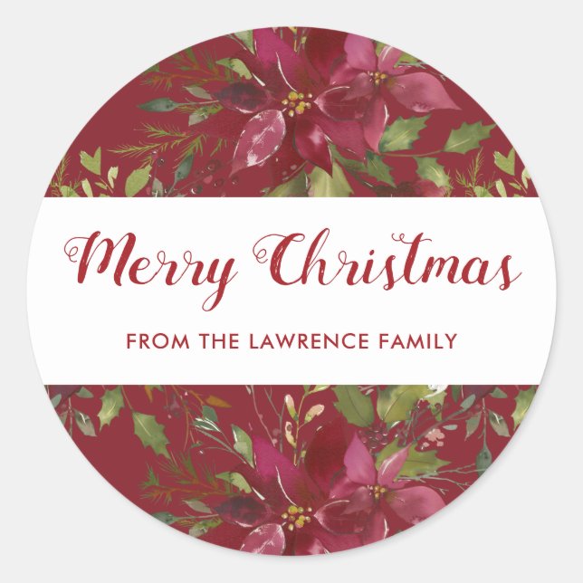 Watercolor Poinsettia Merry Christmas Holiday Classic Round Sticker (Front)