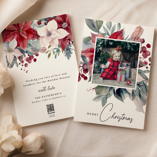 Watercolor Poinsettia Merry Christmas Photo Holiday Card (Creator Uploaded)