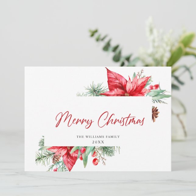 Watercolor Poinsettia Mistletoe Christmas Greeting Holiday Card (Standing Front)