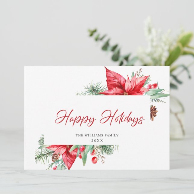 Watercolor Poinsettia Mistletoe Christmas Greeting Holiday Card (Standing Front)