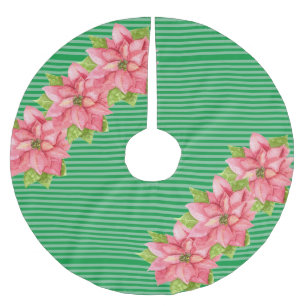 Watercolor Poinsettia on Stripes Brushed Polyester Tree Skirt