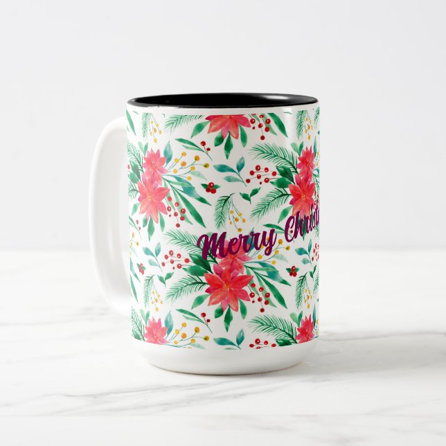 Watercolor Poinsettia Patterned Two-Tone Coffee Mug (Front Left)