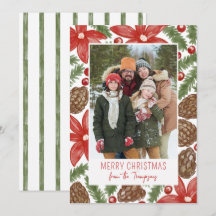 Watercolor Poinsettia & Pine Merry Christmas Photo