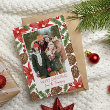 Watercolor Poinsettia & Pine Merry Christmas Photo