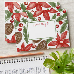 Watercolor Poinsettia & Pine Pattern Christmas Envelope