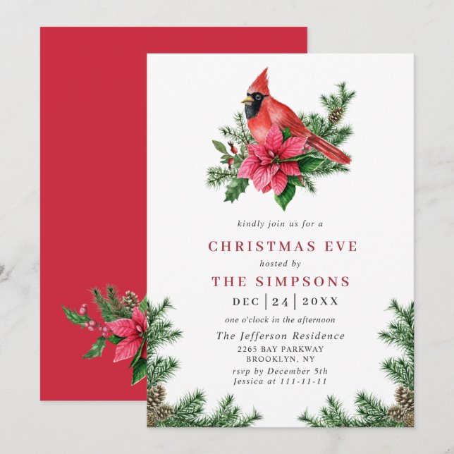 Watercolor Poinsettia Red Cardinal Christmas Party Invitation (Front/Back)