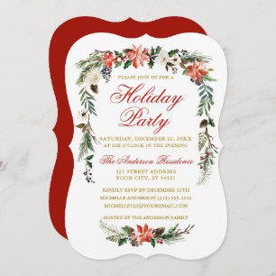 Watercolor Poinsettia Red Gold Holiday Party Invitation
