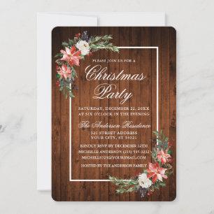 Watercolor Poinsettia Rustic Wood Christmas Party Invitation