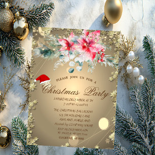 Watercolor Poinsettia,Stars Christmas Company Invitation