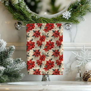 Watercolor Poinsettia Tablecloth Rustic Christmas Bath Towel Set
